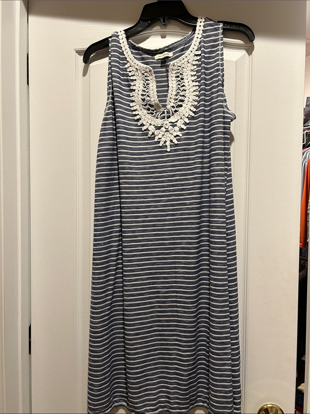 Max Studio Navy & White Striped Sleeveless Midi Dress with Crochet Bib